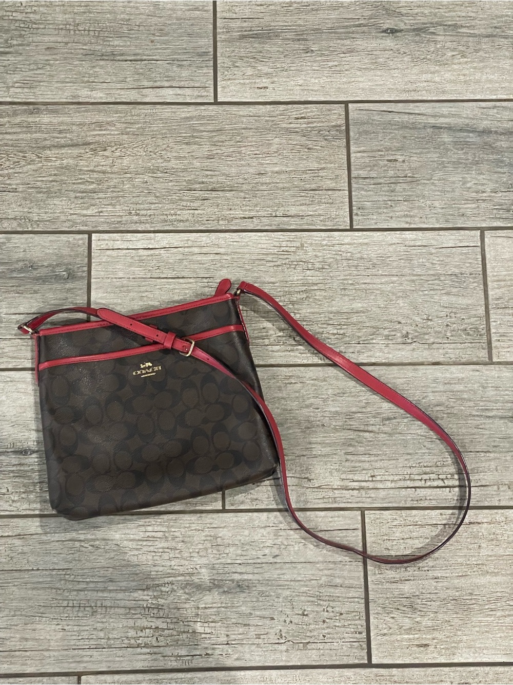 Coach Brown Signature Crossbody with Red Trim and Strap